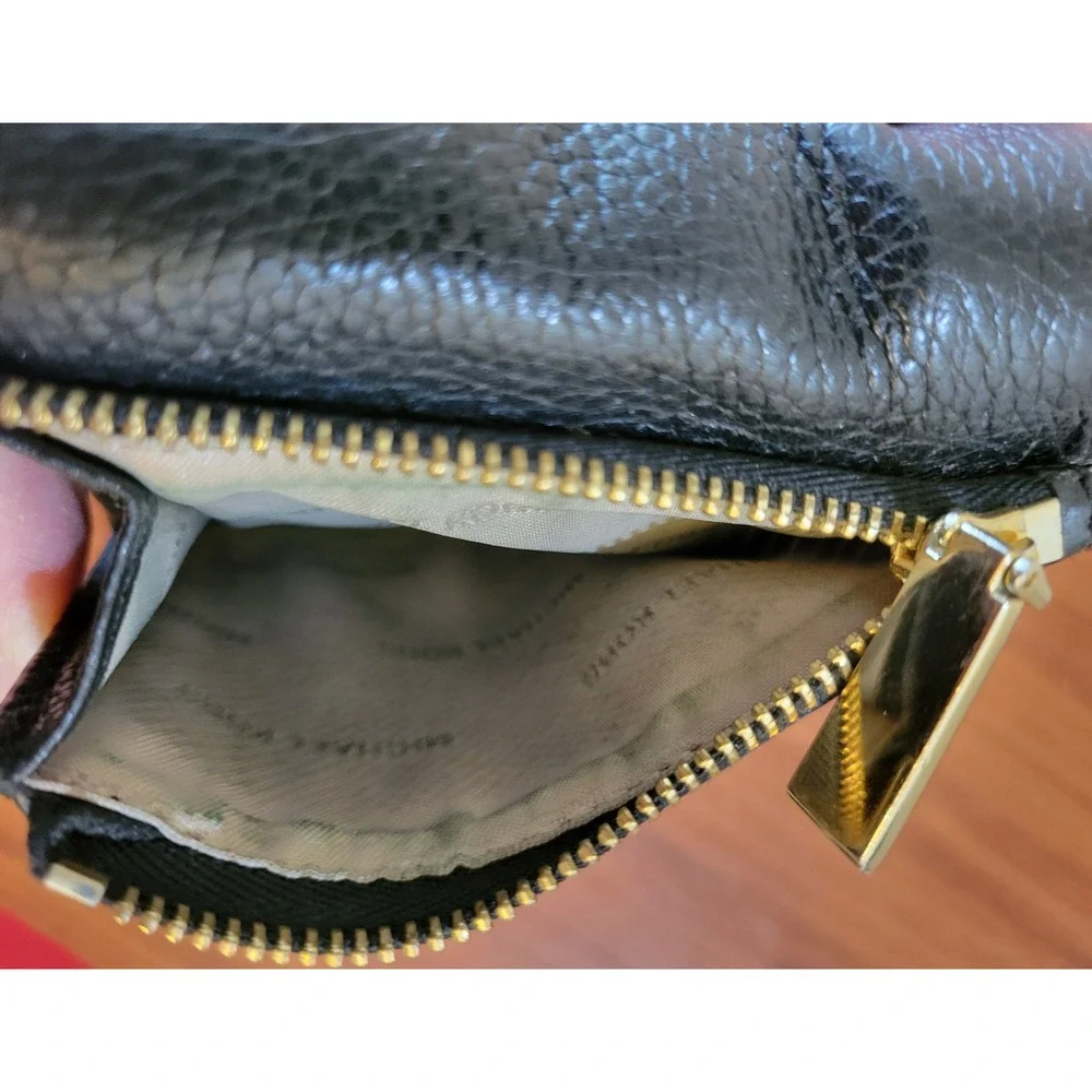 Michael Kors Black Pebbled Leather Bifold Compact Wallet Gold Logo Zipper Pocket